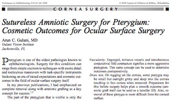 Sutureless Amniotic Surgery for Pterygium: Cosmetic Outcomes for Ocular Surface Surgery
