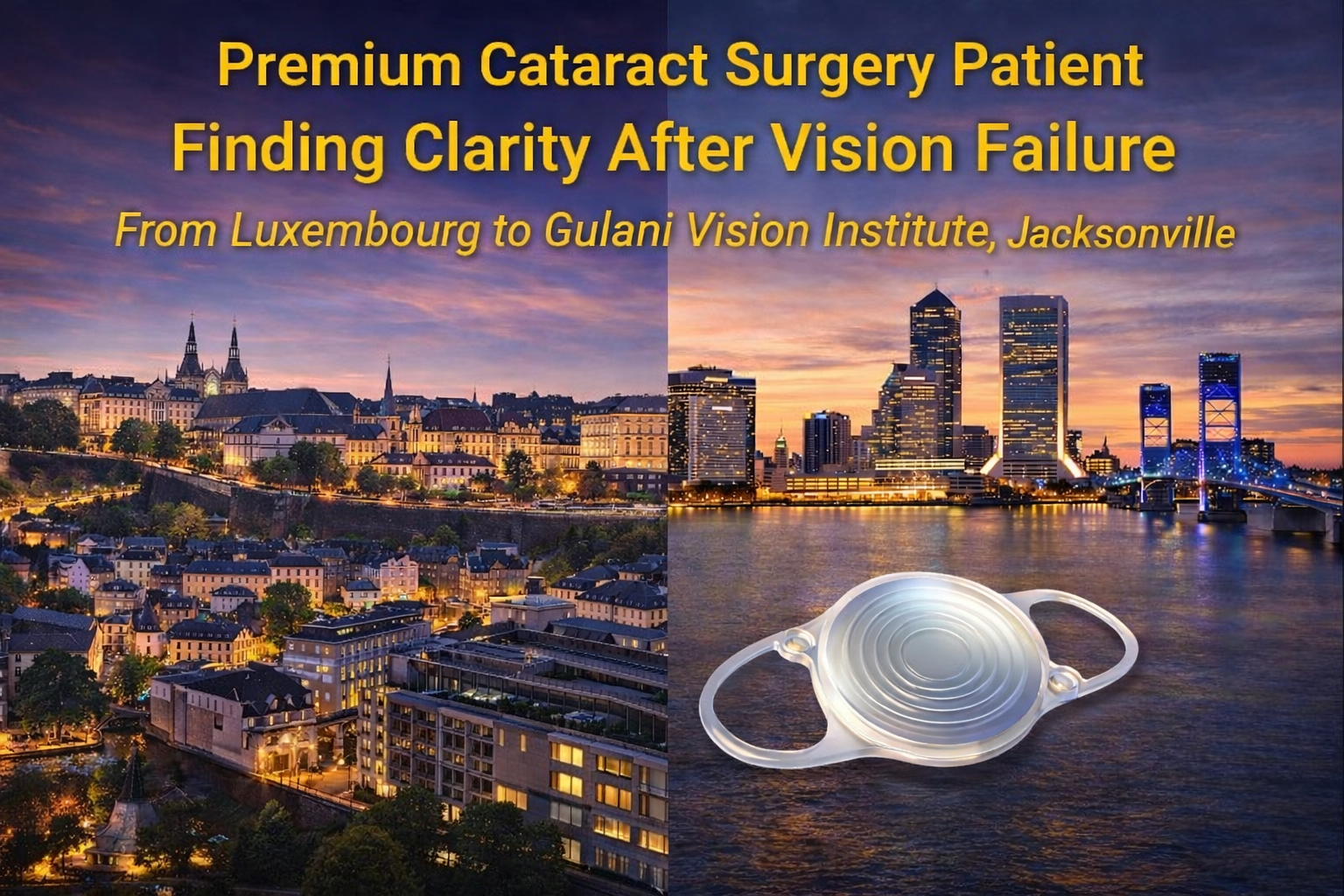 Premium cataract surgery correction showing a multifocal intraocular lens with patient journey from Luxembourg to Jacksonville for vision restoration after failed premium lens surgery