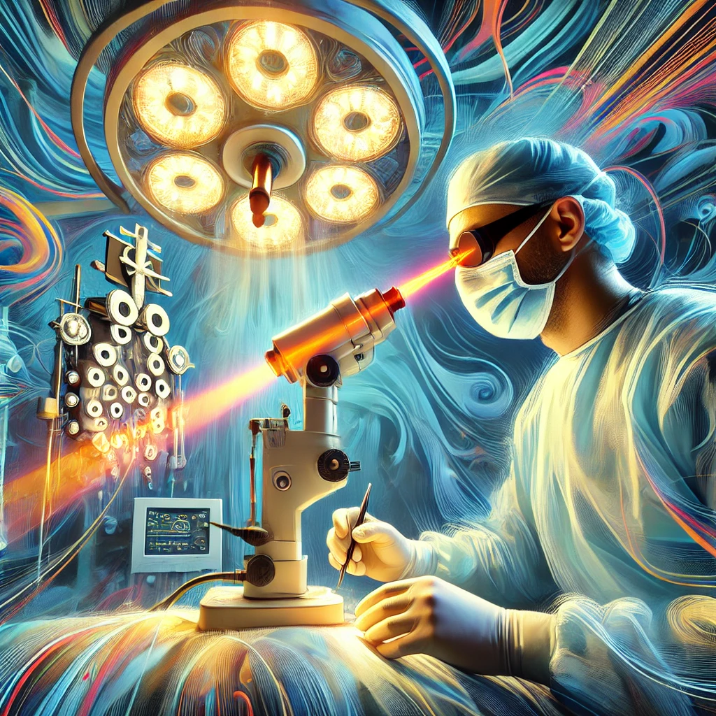 Surgeon performing advanced laser eye surgery in a stylized, futuristic operating room with vibrant light beams and artistic energy patterns surrounding modern refractive equipment.