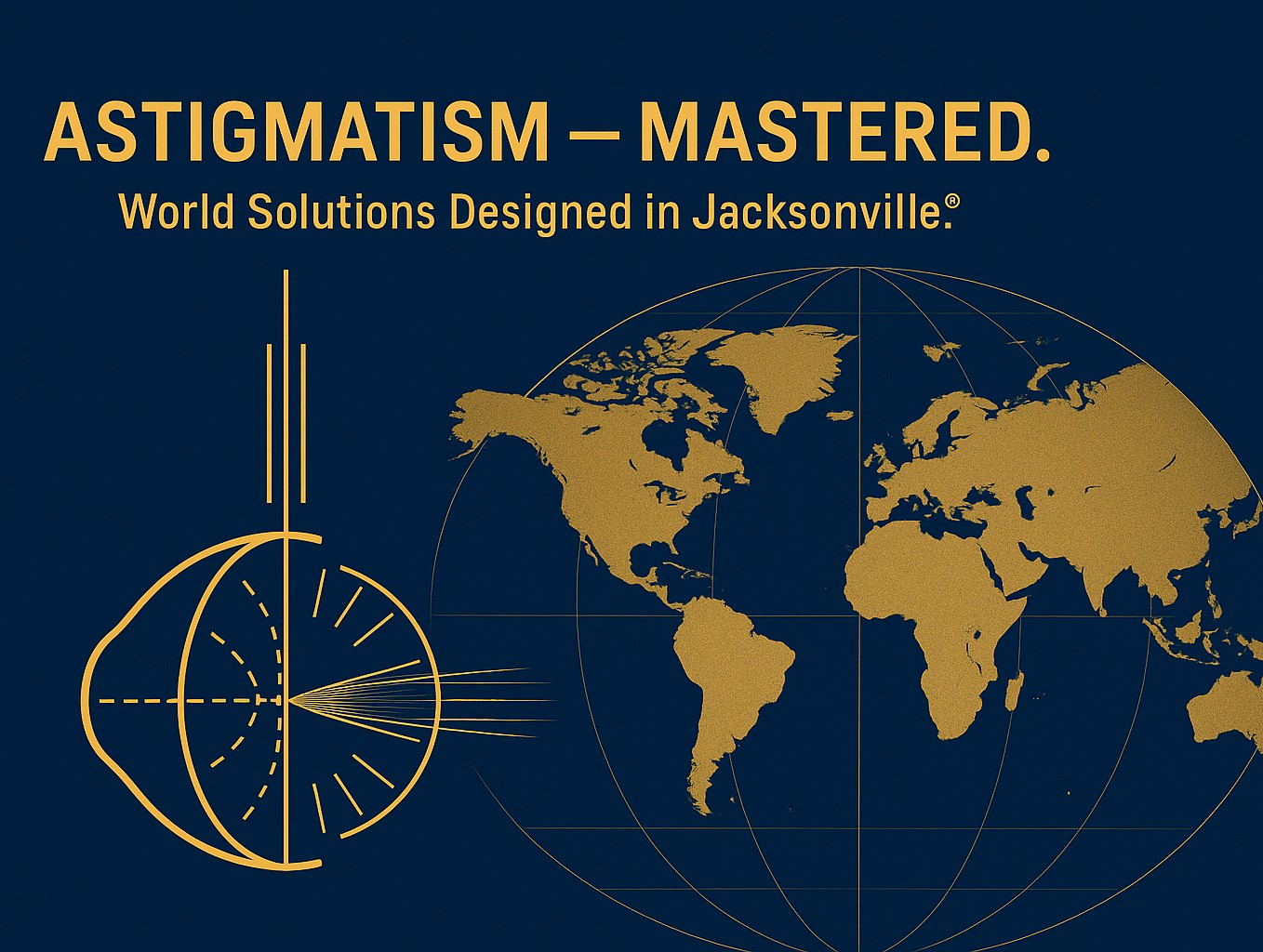 Technical illustration of astigmatism correction with a corneal diagram and a gold world map, representing global patients seeking advanced vision solutions in Jacksonville, Florida.