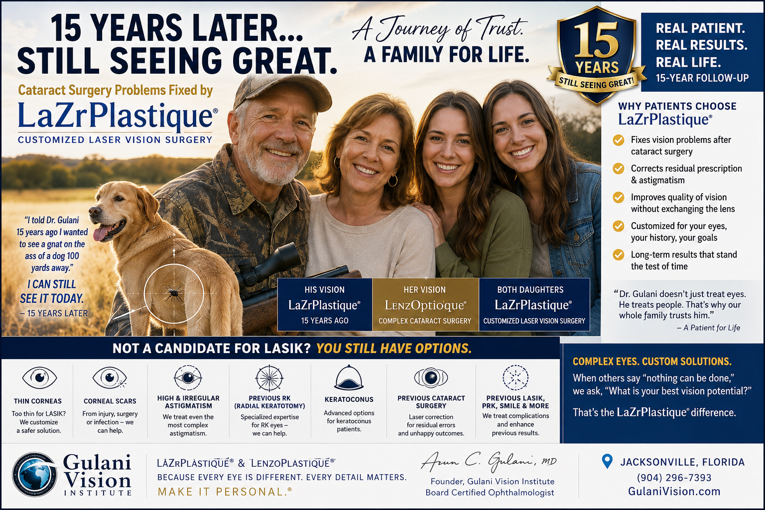 LaZrPlastique® patient 15 years after laser vision correction for cataract surgery problems, highlighting long-term results for complex eyes, thin corneas, corneal scars, RK, keratoconus and patients not candidates for LASIK.