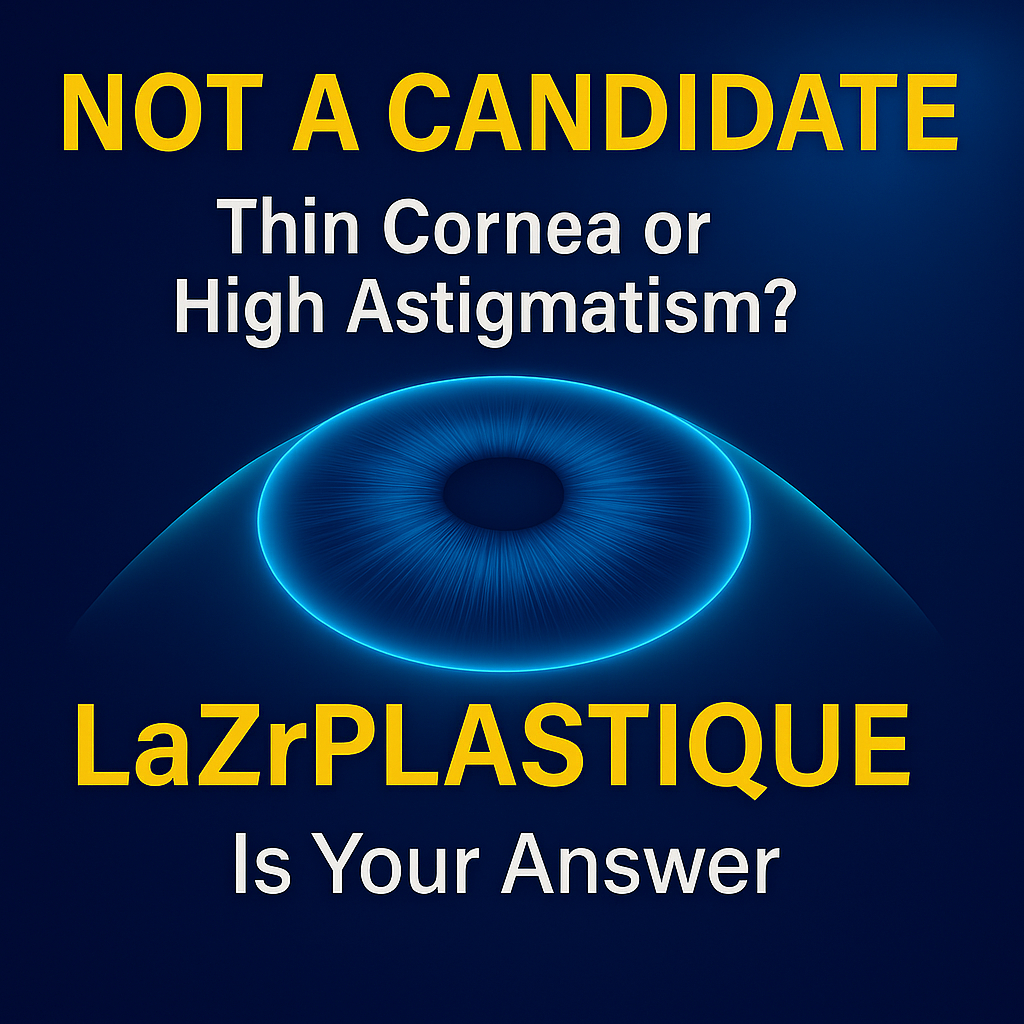 Bold digital banner with deep blue background and gold highlights, featuring the phrase “NOT A CANDIDATE” in yellow, a glowing blue eye, and LaZrPlastique® prominently displayed as a solution for thin cornea and high astigmatism.