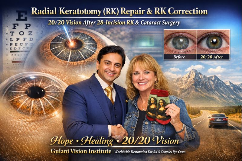 A smiling Radial Keratotomy (RK) repair patient stands beside Dr. Arun C. Gulani, holding Mona Lisa socks after achieving 20/20 vision following 28-incision RK correction and cataract surgery at Gulani Vision Institute, with visuals of RK corneas, an eye chart, and a scenic highway symbolizing her drive home.