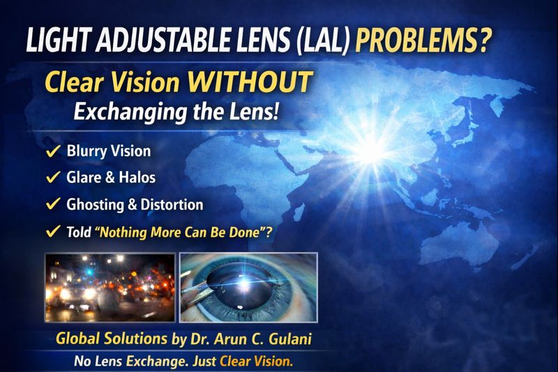 Promotional graphic about Light Adjustable Lens (LAL) problems highlighting blurry vision, glare, halos, ghosting, and distortion, with the message that clear vision may still be possible without exchanging the lens. Includes a blue world-map background, bright light burst, and images representing glare at night and an eye undergoing optical evaluation.