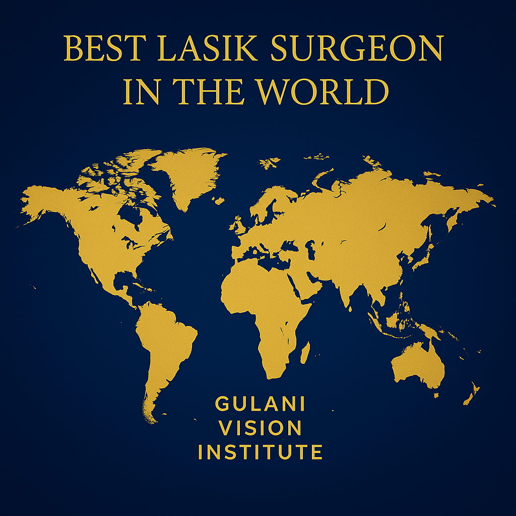 Gold world map on a navy background with text reading ‘Best LASIK Surgeon in the World’ and ‘Gulani Vision Institute,’ representing global recognition of Dr. Gulani’s advanced LASIK and vision correction expertise