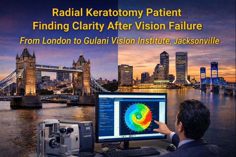 Radial keratotomy vision correction technology showing corneal topography with London Bridge and Jacksonville skyline, representing international RK patients seeking help for vision problems and cataracts