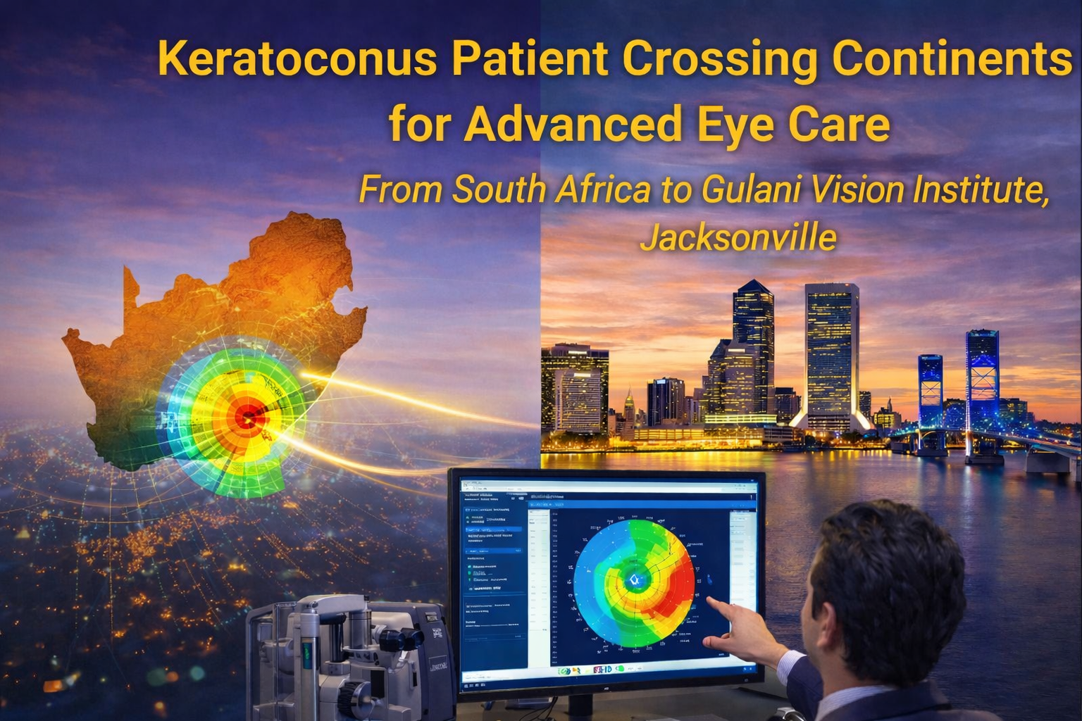 Extreme keratoconus patient traveling from South Africa to Jacksonville for advanced custom vision correction at Gulani Vision Institute