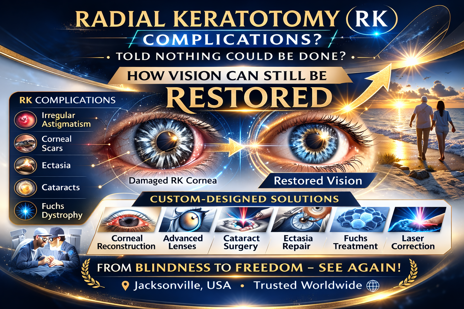 Illustration representing radial keratotomy vision restoration, showing complex RK eyes regaining clarity after custom-designed surgery for irregular astigmatism, corneal scars, ectasia, cataracts, and dry eye at Gulani Vision Institute.