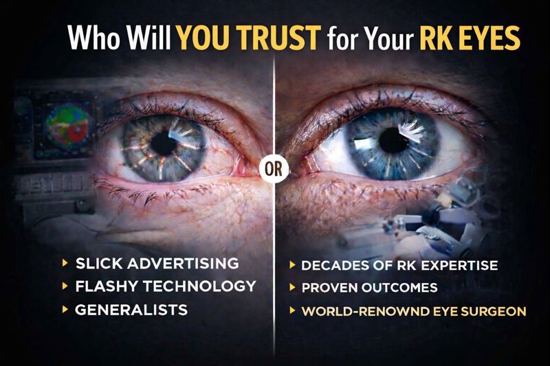 A comparison graphic showing two Radial Keratotomy (RK) eyes side-by-side with the headline “Who Will YOU TRUST for Your RK Eyes?” highlighting the difference between marketing-driven care and experienced RK expertise.