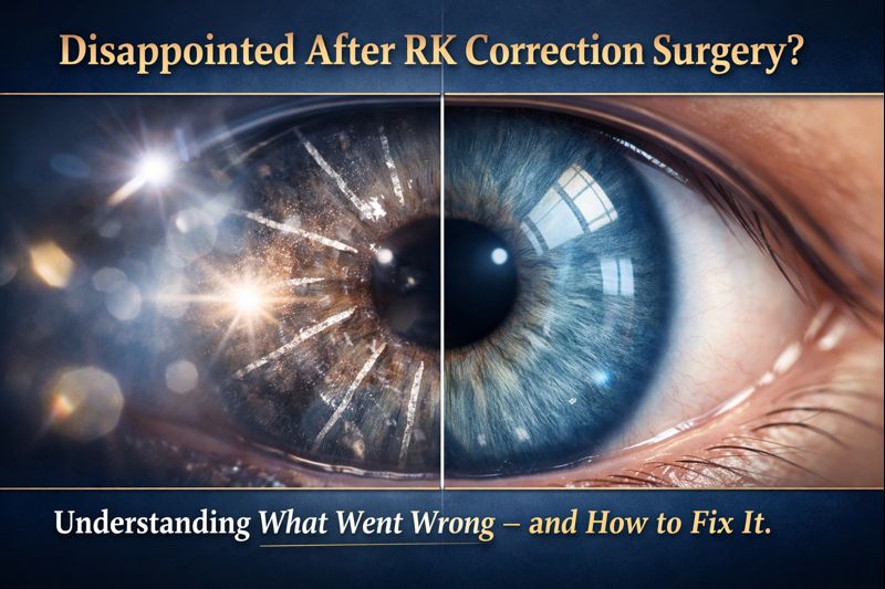 close up of radial keratotomy cornea with multiple incision scars and glare effect, rk complication visual, rk correction failure example, corneal scarring after rk, rk vision problems medical illustration