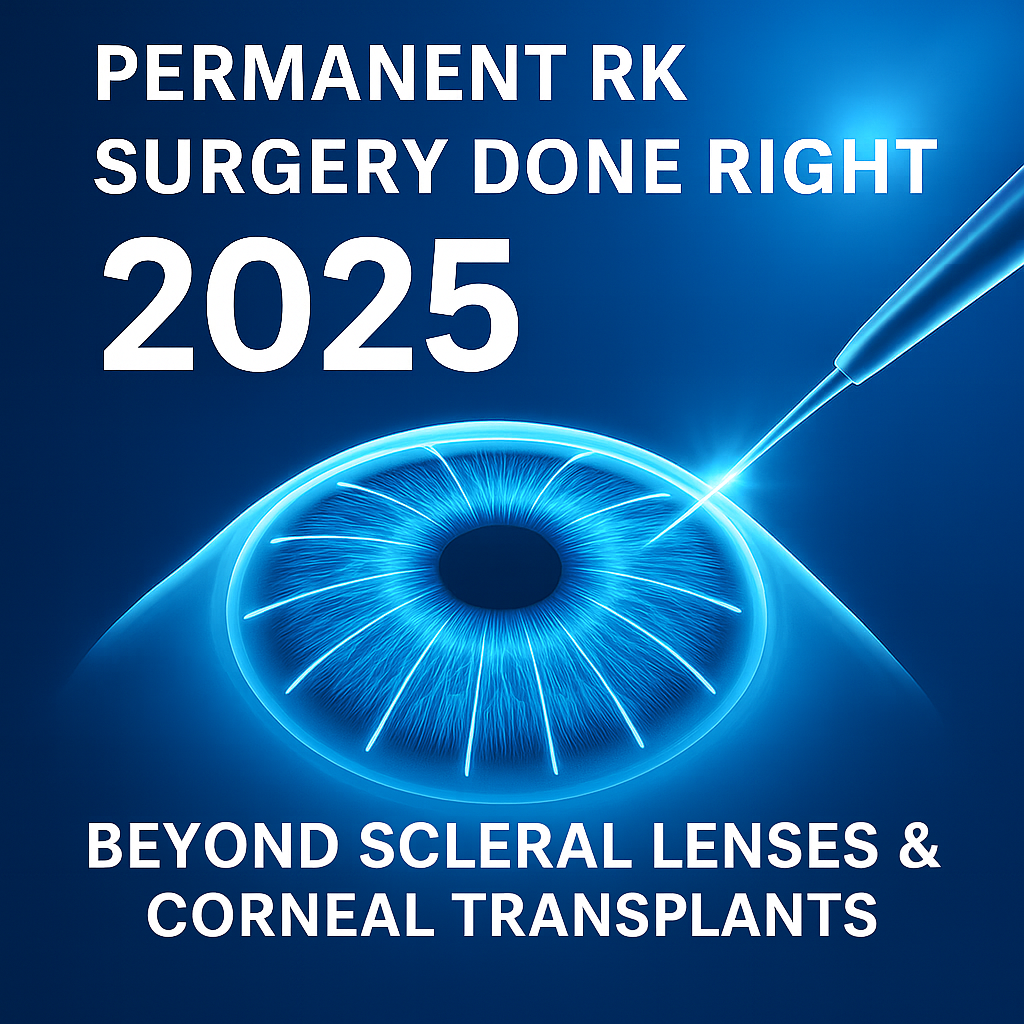 Digital illustration of advanced eye surgery featuring a glowing cornea with radial keratotomy incisions and a laser probe, promoting permanent RK correction beyond scleral lenses at Gulani Vision Institute.