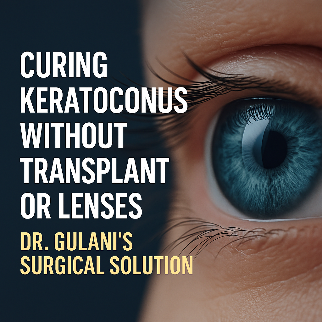 Close-up of a blue human eye with text overlay reading “Curing Keratoconus Without Transplant or Lenses – Dr. Gulani’s Surgical Solution”