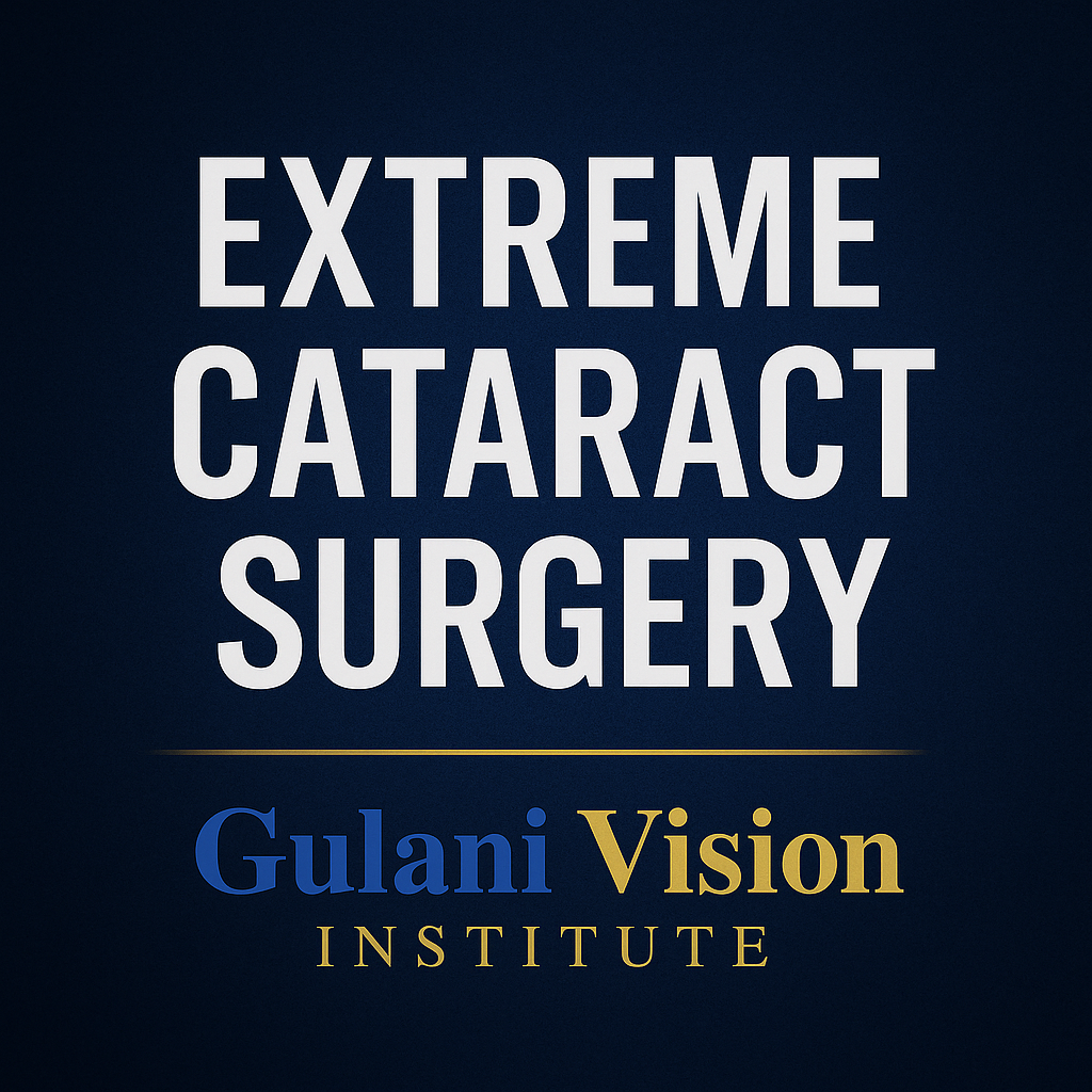 Promotional graphic reading 'Extreme Cataract Surgery at Gulani Vision Institute' with Gulani in blue and Vision in gold, representing world-renowned expertise in complex cataract cases and advanced vision restoration