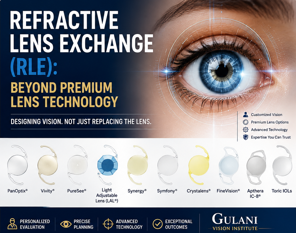 Refractive Lens Exchange (RLE) illustration showing premium lens implants including PanOptix®, Vivity®, PureSee®, Light Adjustable Lens, Synergy®, Symfony®, Crystalens®, FineVision®, Apthera IC-8®, and Toric IOLs for customized vision correction at Gulani Vision Institute.