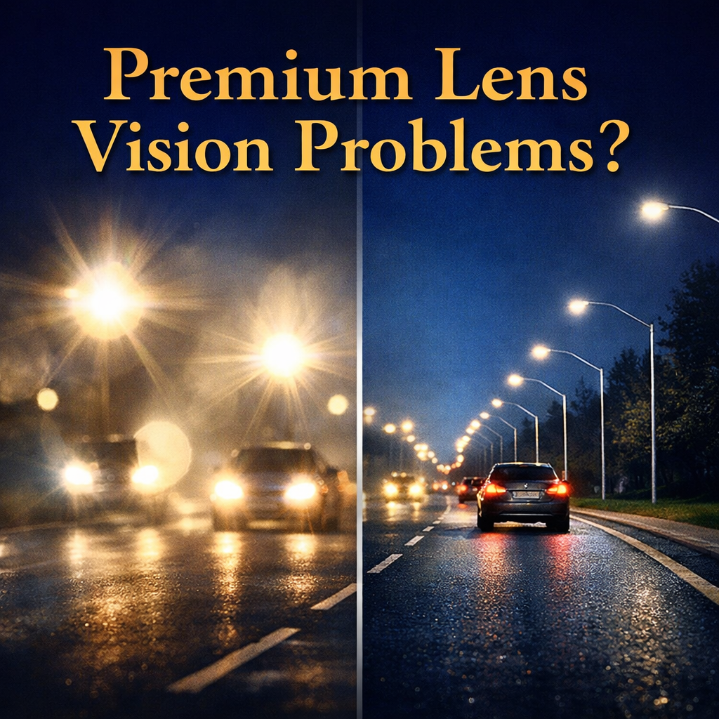 Premium cataract lens vision problems showing glare and halos during night driving compared with clear vision after optimizing the eye’s optical system