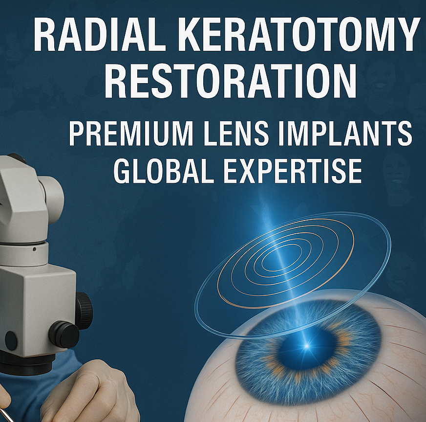 High-tech ophthalmic setup showing an AI-generated surgeon at a microscope with a 3D illustration of an RK cornea and premium multifocal lens implant concept, representing advanced Radial Keratotomy (RK) restoration and premium lens solutions