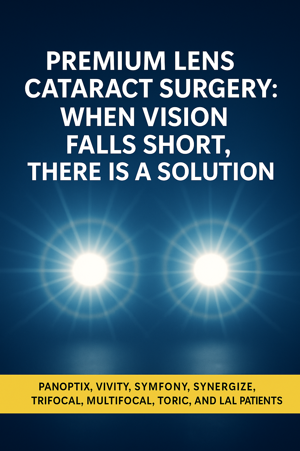 Nighttime car headlight with strong halos and starburst streaks, symbolizing glare and vision problems after premium or light-adjustable cataract lenses.