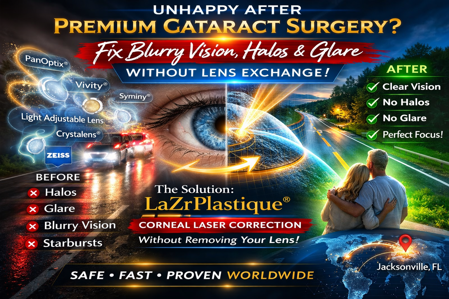 blurry vision halos glare after premium cataract surgery before and after correction without lens exchange using LaZrPlastique corneal laser