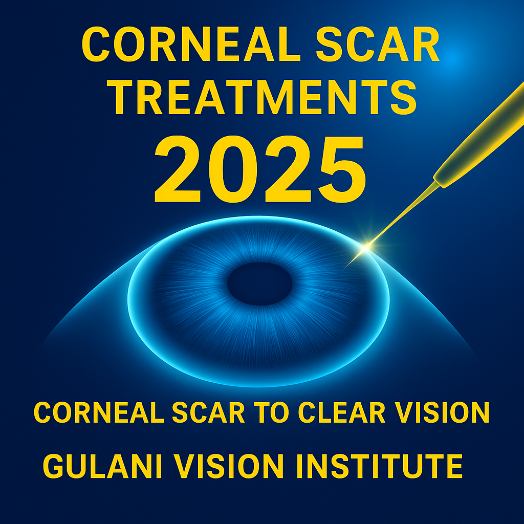 Promotional graphic in yellow theme showing the concept of advanced corneal scar treatments, depicting the transformation from a scarred eye to clear vision with Gulani Vision Institute’s innovative surgical techniques.