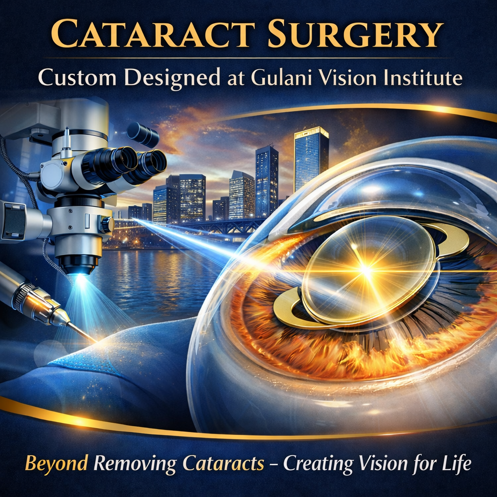 Advanced cataract surgery illustration showing intraocular lens implant aligned with the cornea and surgical microscope, representing custom designed cataract surgery at Gulani Vision Institute in Jacksonville.