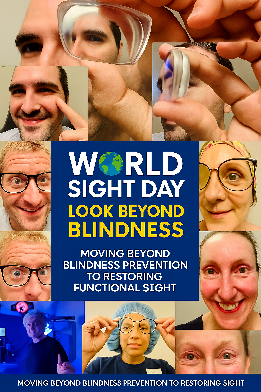 A collage of patients wearing thick glasses and specialty lenses, representing extreme refractive errors. Overlaid text reads “World Sight Day: Look Beyond Blindness – Moving beyond blindness prevention to restoring functional sight.” The design uses blue and yellow tones in a medical campaign style.
