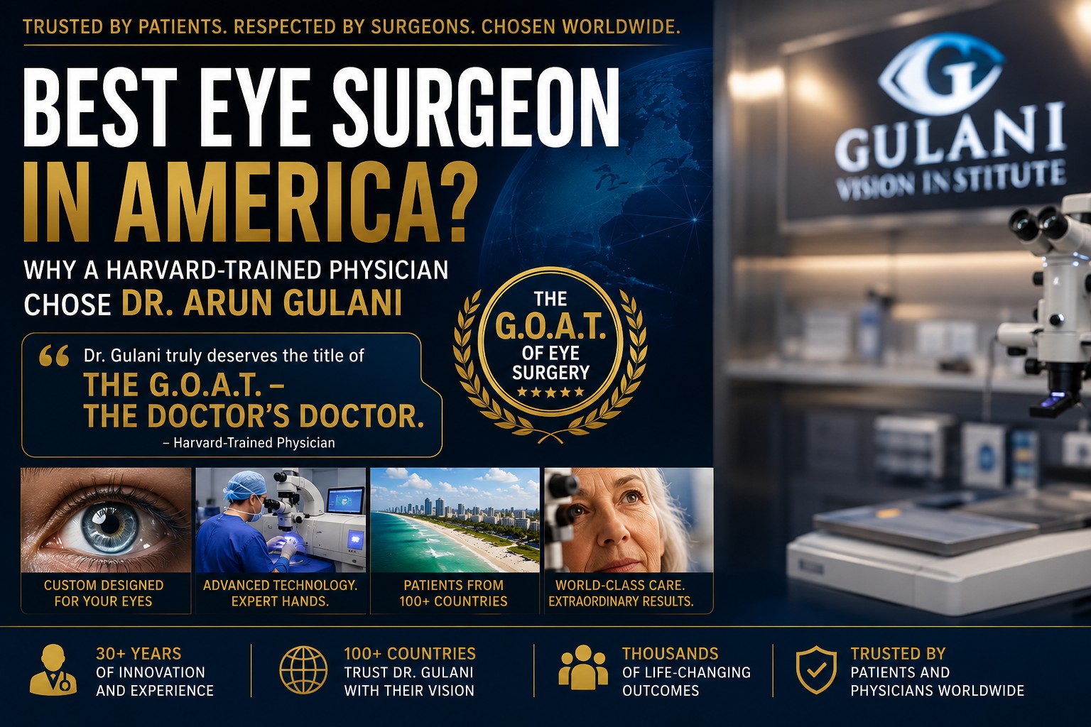 Dr. Arun Gulani, internationally recognized eye surgeon and founder of Gulani Vision Institute in Jacksonville, Florida, featured in a professional graphic highlighting a Harvard-trained physician's description of him as "The G.O.A.T. — The Doctor's Doctor" for advanced cataract surgery and complex vision correction.
