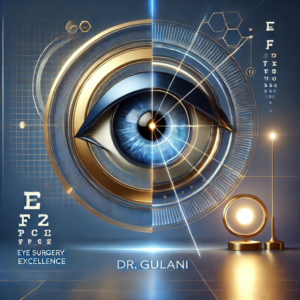 Illustration of a human eye symbolizing staged eye surgery combining corneal and lens techniques for complex cases such as radial keratotomy, keratoconus, hexagonal keratotomy, and cataract surgery, emphasizing precision and balance in vision correction.