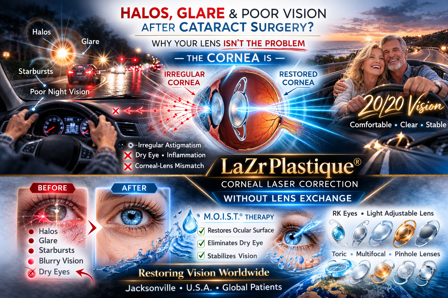 Medical illustration showing halos, glare, and starbursts after cataract surgery caused by corneal irregularity and dry eye, and how LaZrPlastique® corneal laser correction restores clear 20/20 vision without lens exchange.