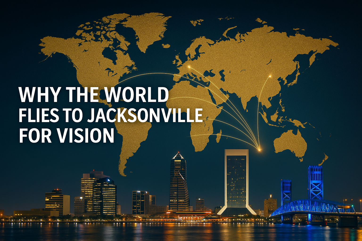 Illustration of a world map with glowing golden travel lines converging precisely on Jacksonville, Florida, above the Jacksonville skyline, representing international patients flying to the Gulani Vision Institute for advanced eye surgery.