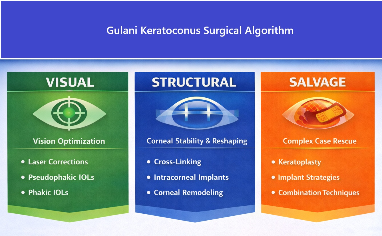 Keratoconus treatment algorithm showing visual, structural, and salvage categories including cross-linking, INTACS, keratoplasty, and vision correction strategies