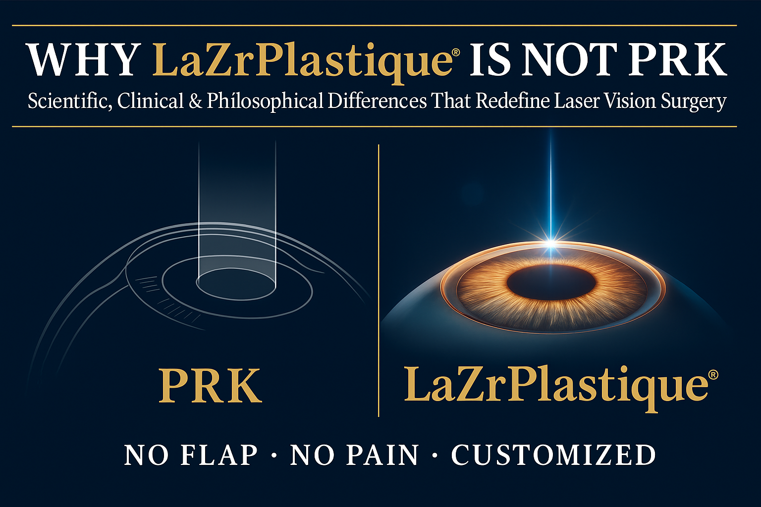A professional horizontal medical graphic contrasting PRK and LaZrPlastique®. The left side shows a monochrome diagram representing traditional PRK, while the right side features a glowing corneal illustration symbolizing precision and advancement with LaZrPlastique®. The title reads “Why LaZrPlastique® Is NOT PRK” with a subtitle “Scientific, Clinical & Philosophical Differences That Redefine Laser Vision Surgery.” A gold banner below states “NO FLAP · NO PAIN · CUSTOMIZED.”