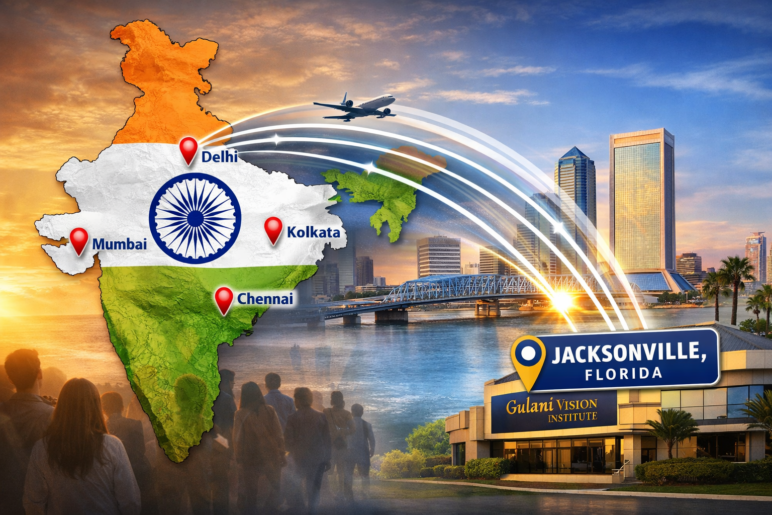 Map showing patients traveling from India (Mumbai, Delhi, Chennai, Kolkata) to Jacksonville, Florida for advanced eye surgery and vision correction at Gulani Vision Institute