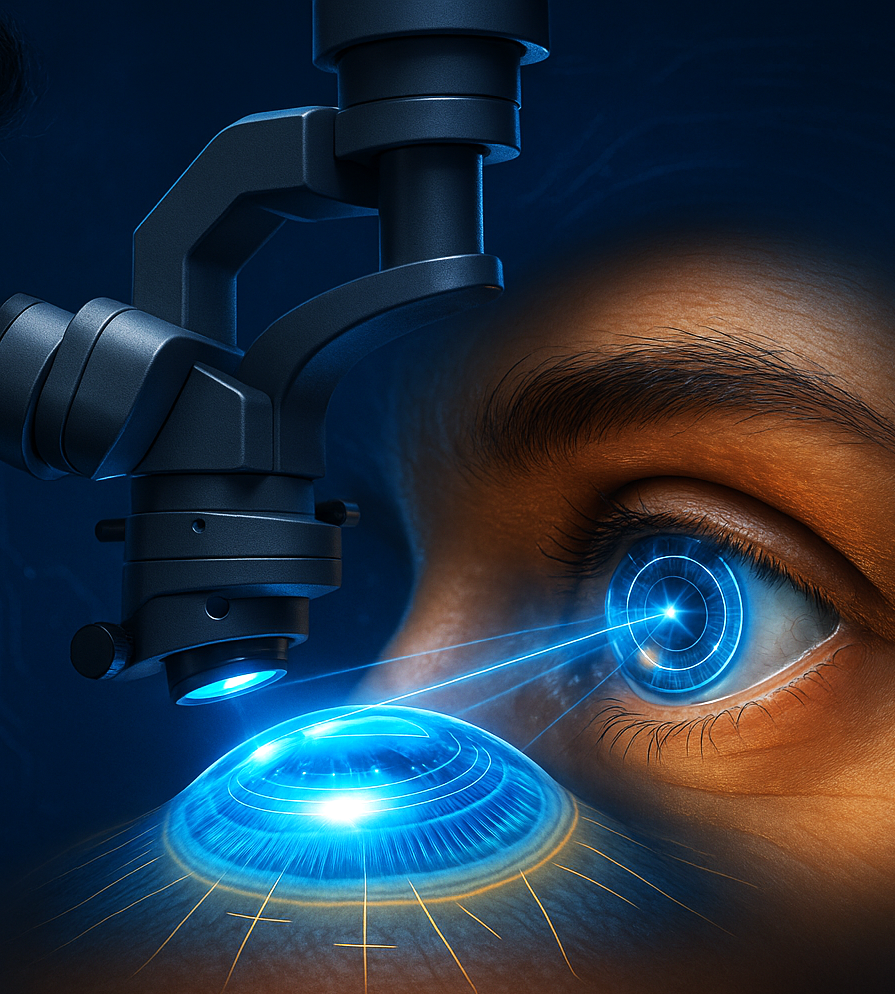 A futuristic AI-generated ophthalmic surgeon using an advanced surgical microscope to analyze a glowing blue cornea with keratoconus, CTAK/CAIRS ring patterns, and refractive light pathways — symbolizing Dr. Gulani’s high-tech, customized approach to vision restoration.