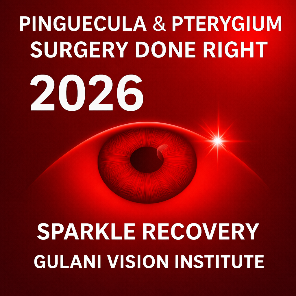Illustration representing advanced pinguecula and pterygium surgery in 2026, showing a red eye transformed to a calm, white, healthy appearance after no-stitch ocular surface reconstruction at Gulani Vision Institute.