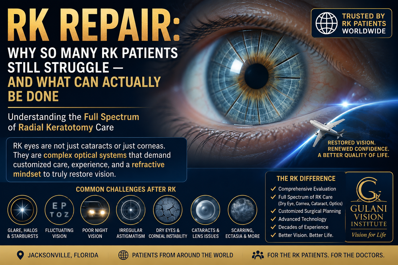 Close-up illustration of an RK eye with radial keratotomy incisions highlighting RK repair, fluctuating vision, glare, halos, irregular astigmatism, dry eyes, cataract complications, and customized vision restoration at Gulani Vision Institute.