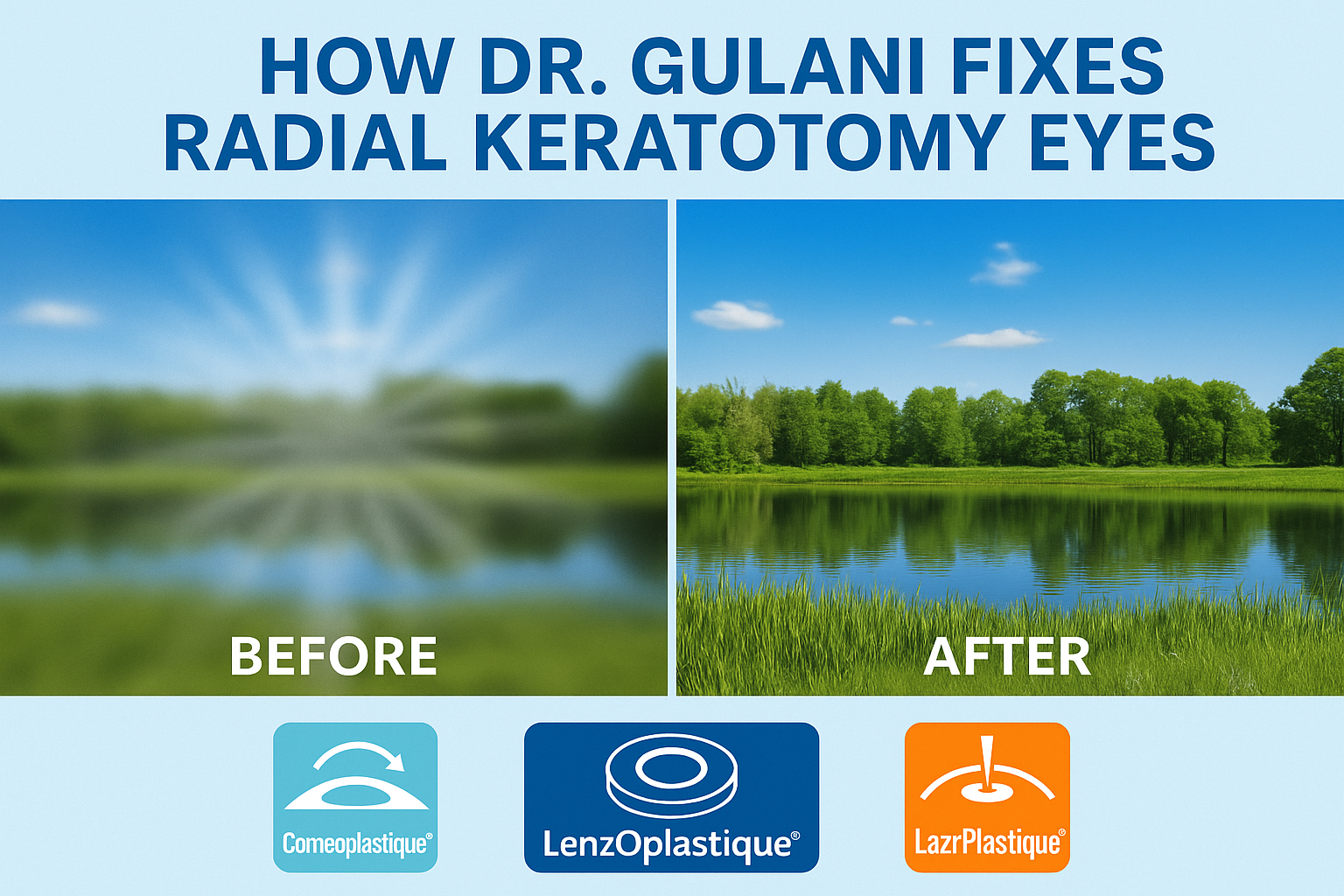 Before and after comparison of vision correction in a Radial Keratotomy (RK) patient showing blurry distorted vision transformed into clear sharp vision using advanced corneal and lens-based techniques including Corneoplastique®, LenzOplastique®, and LaZrPlastique®