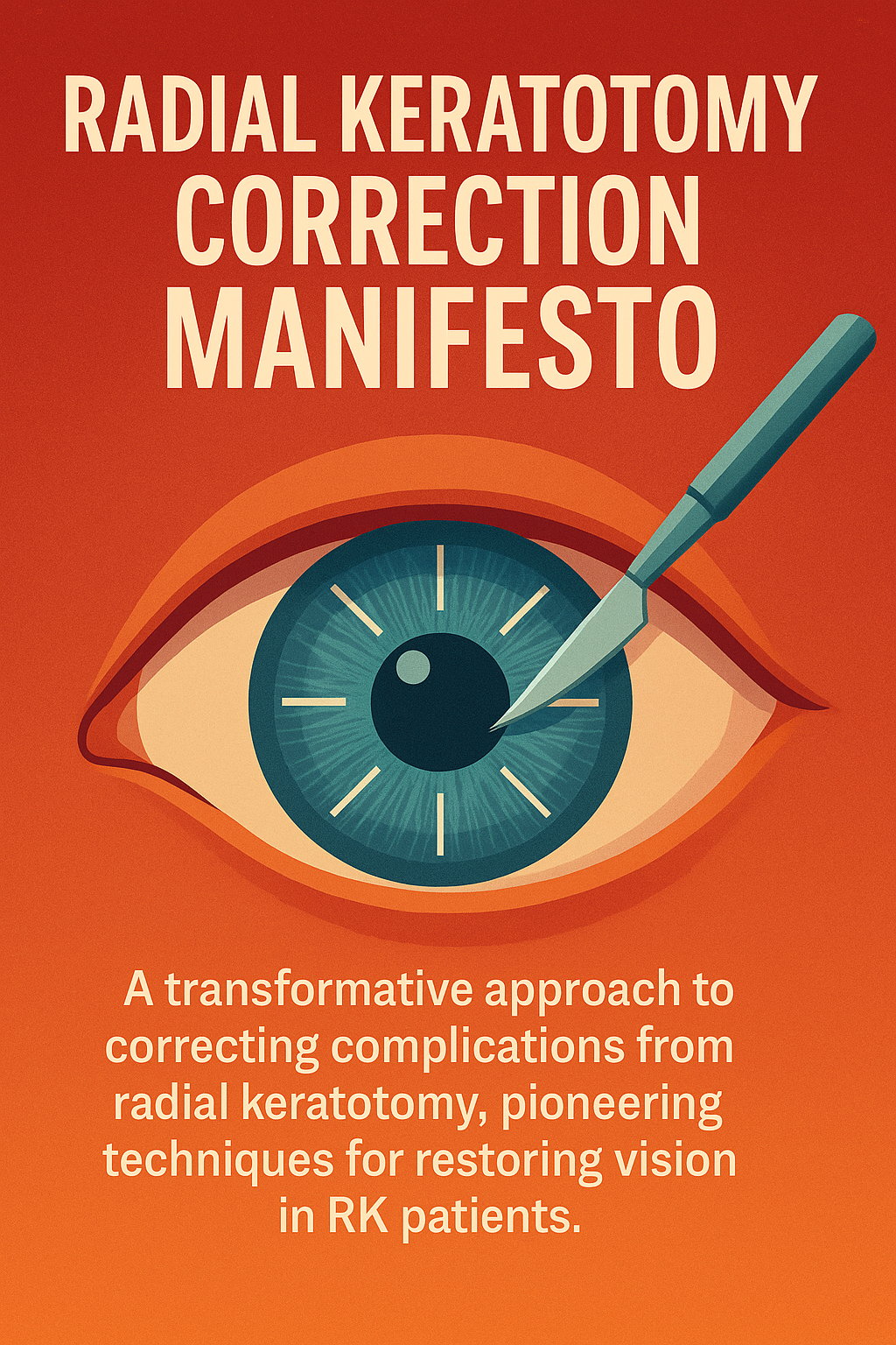 Illustration of an eye with radial keratotomy incisions and surgical scalpel, representing Dr. Gulani’s RK Correction Manifesto