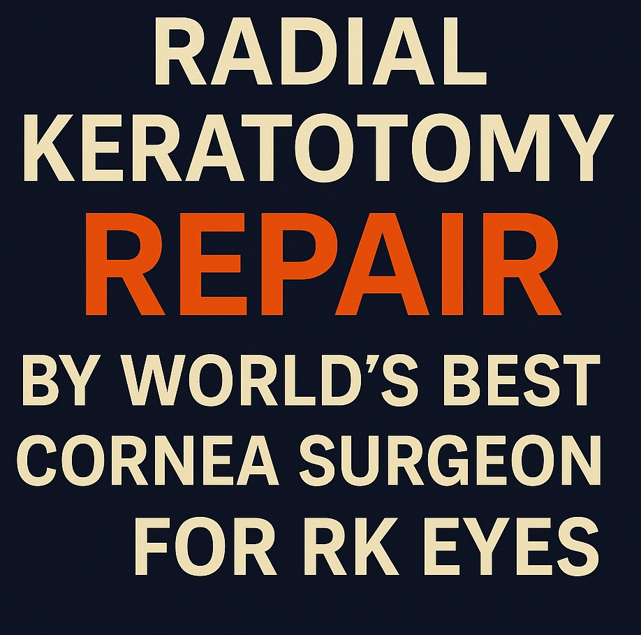Digital poster highlighting “Radial Keratotomy Repair by World’s Best Cornea Surgeon for RK Eyes,” featuring bold orange and ivory text on a deep blue background, symbolizing trust, precision, and innovation at Gulani Vision Institute.