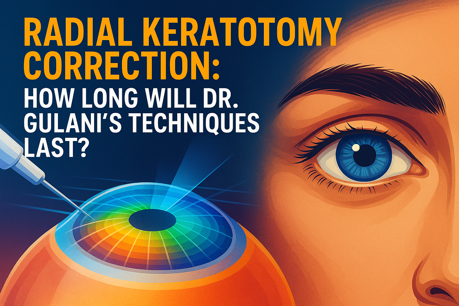 Illustration of Radial Keratotomy (RK) corneal incisions and Dr. Gulani’s advanced techniques like LenzOplastique®, LaZrPlastique®, and Corneoplastique® correcting complex RK eyes globally