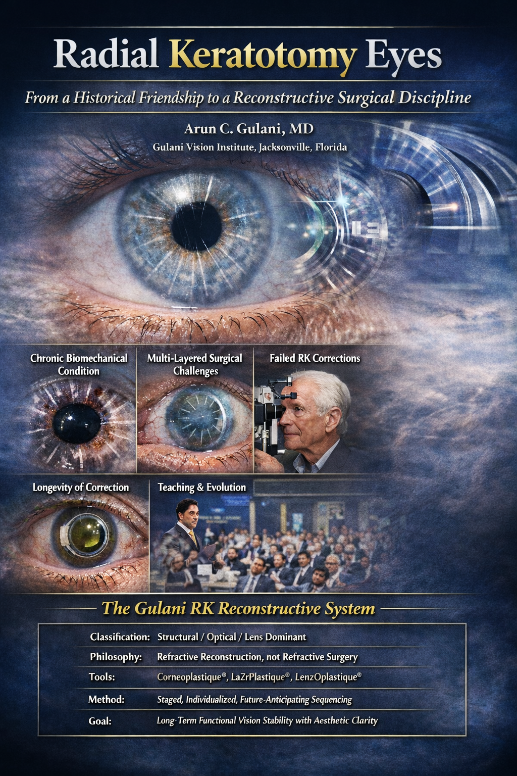 Close-up of an eye with radial keratotomy incisions illustrated with modern reconstructive optics, representing the evolution of RK management through staged refractive reconstruction.