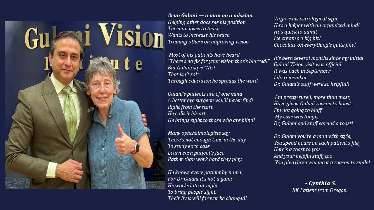 Oregon radial keratotomy patient Cynthia Stevenson with Dr. Arun Gulani beside her personal poem about complex RK vision correction at Gulani Vision Institute