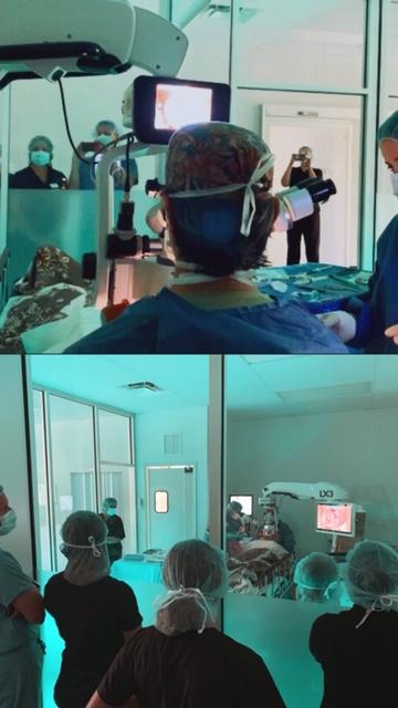 Dr. Arun C. Gulani performing advanced eye surgery as visiting surgeons from around the world observe through glass, learning his innovative techniques in real time at Gulani Vision Institute in Jacksonville, Florida.