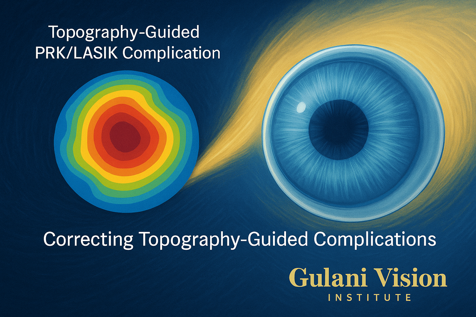 Illustration showing irregular corneal topography on the left (representing topography-guided LASIK/PRK complications) transitioning to a clear cornea on the right, symbolizing Dr. Arun Gulani’s Corneoplastique® artistry correcting these complex cases.